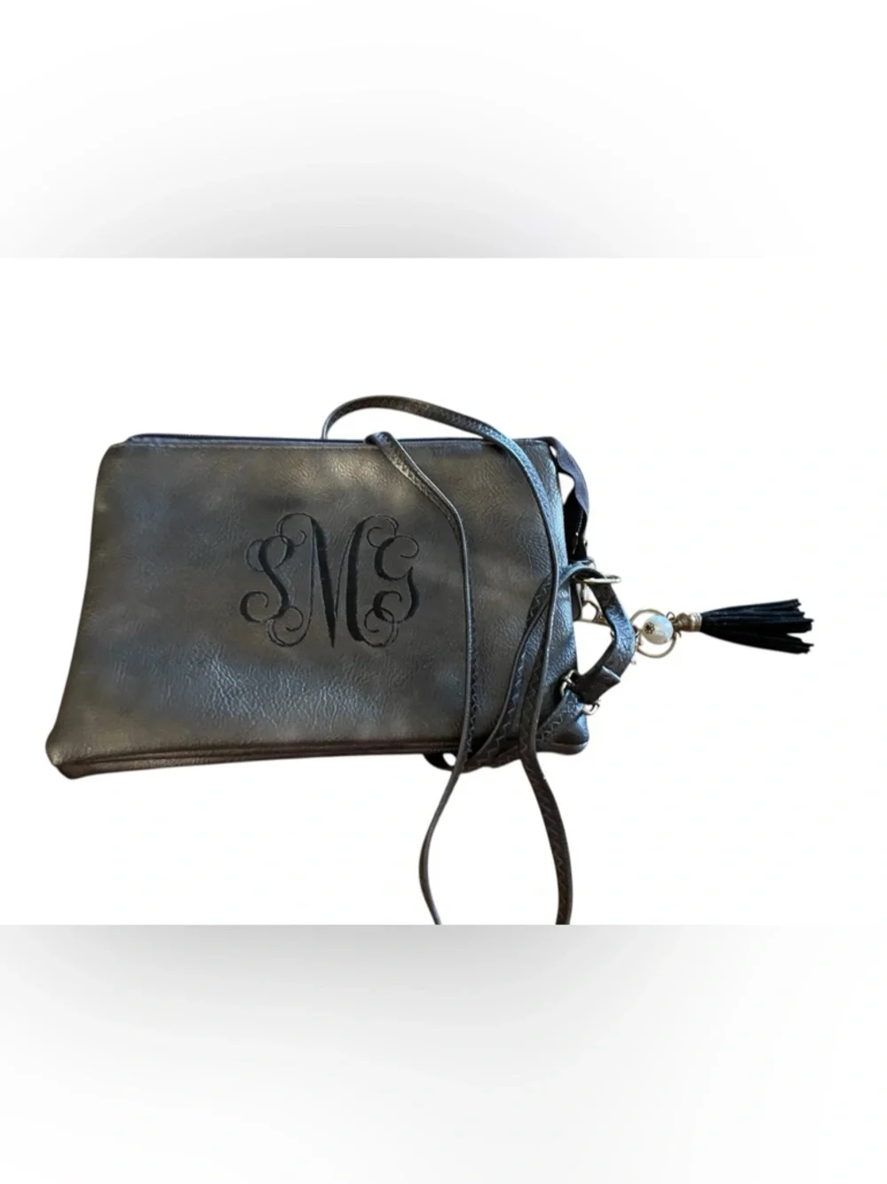 Cute tassel Monogram M Metallic Leather Crossbody. 6 width 9 inches length. - Picture 3 of 6